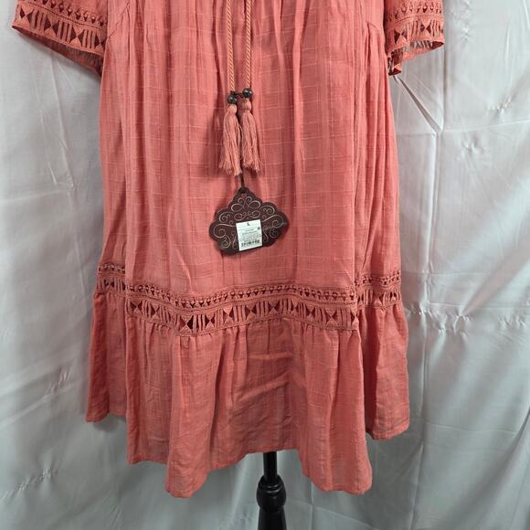 Knox Rose Dress Women L Salmon Cotton Boho Crochet Trim Tassel Peasant Dress NWT - Picture 4 of 14